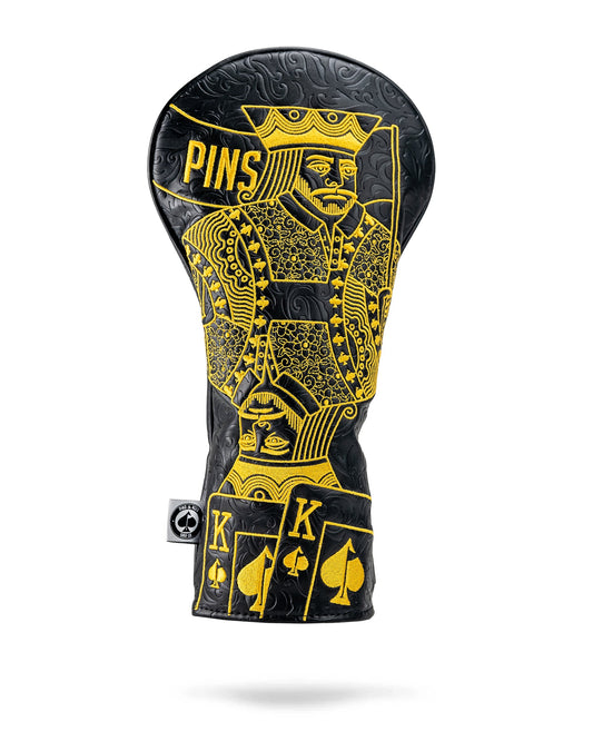Black and gold King of Spades driver headcover by Pins and Aces, featuring detailed spade design and plush material.