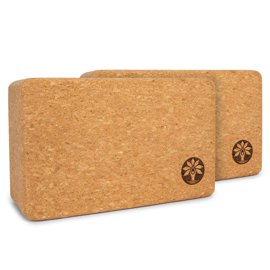 Set of two natural cork yoga and Pilates blocks from Yoloha Yoga, ideal for stretching and support during yoga practice.
