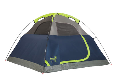 Coleman Sundome Tent set up outdoors, featuring a durable, easy-to-assemble camping tent with rainfly and mesh windows for ventilation.