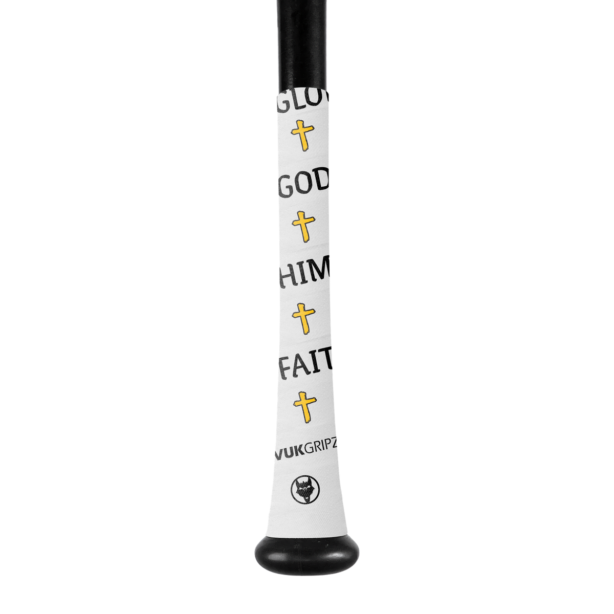 VukGripz Faith bat grip tape wrapped around a baseball bat for secure grip and enhanced performance.