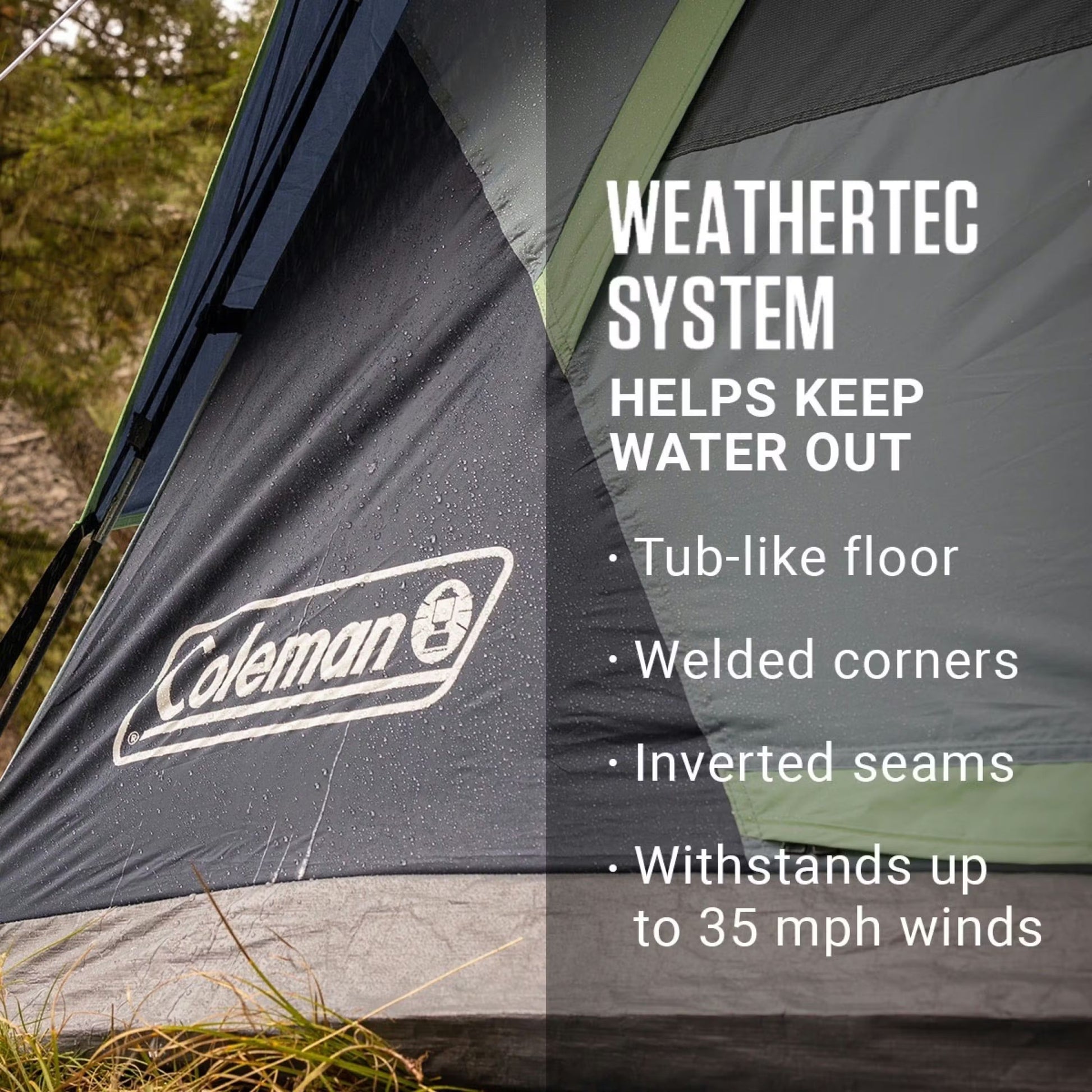 Three-season Coleman Skydome Tent set up outdoors, featuring a spacious design with mesh windows and waterproof fabric.