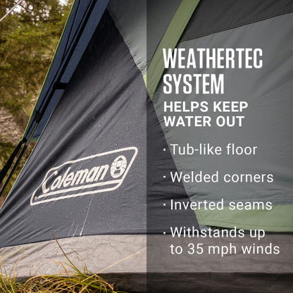 Three-season Coleman Skydome Tent set up outdoors, featuring a spacious design with mesh windows and waterproof fabric.