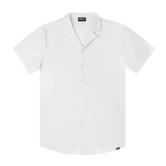 Men's Arctic White tailored fit button-down shirt by Capelle Miami, shown in a close-up image of the shirt's front.