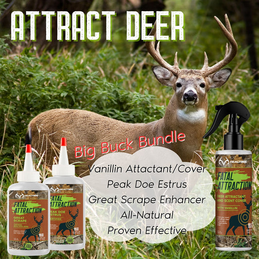 Realtree Fatal Attraction Big Buck Deer Attractant bundle by Zone Protects with scent lures and attractant containers for deer hunting.