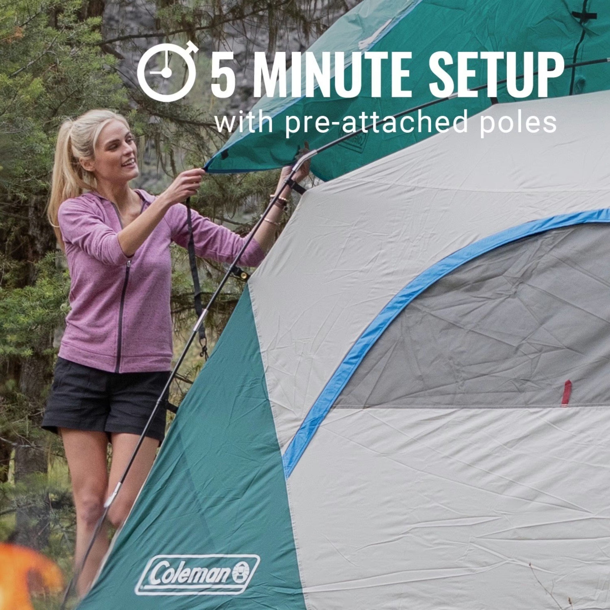 Coleman Skydome three-season tent set up outdoors with open door and rainfly, showcasing durable fabric and spacious interior.