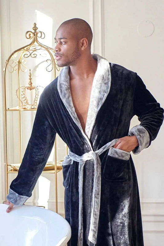 Lotus Linen men's plush robe, cozy and soft, featuring a relaxed fit and warm fabric perfect for comfortable lounging.