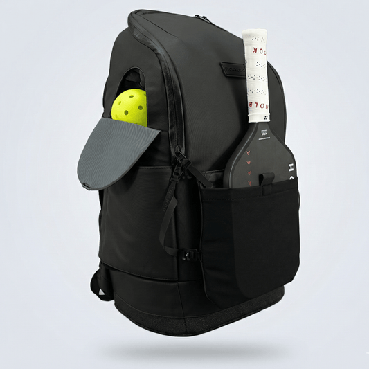 Black FORWRD Court Caddy pickleball bag with multiple compartments and shoulder straps, designed for easy transport of pickleball gear.