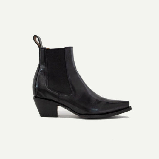 Black patent leather Sandra boot by M-O-NINE, stylish ankle boots with shiny, smooth finish and sleek design.