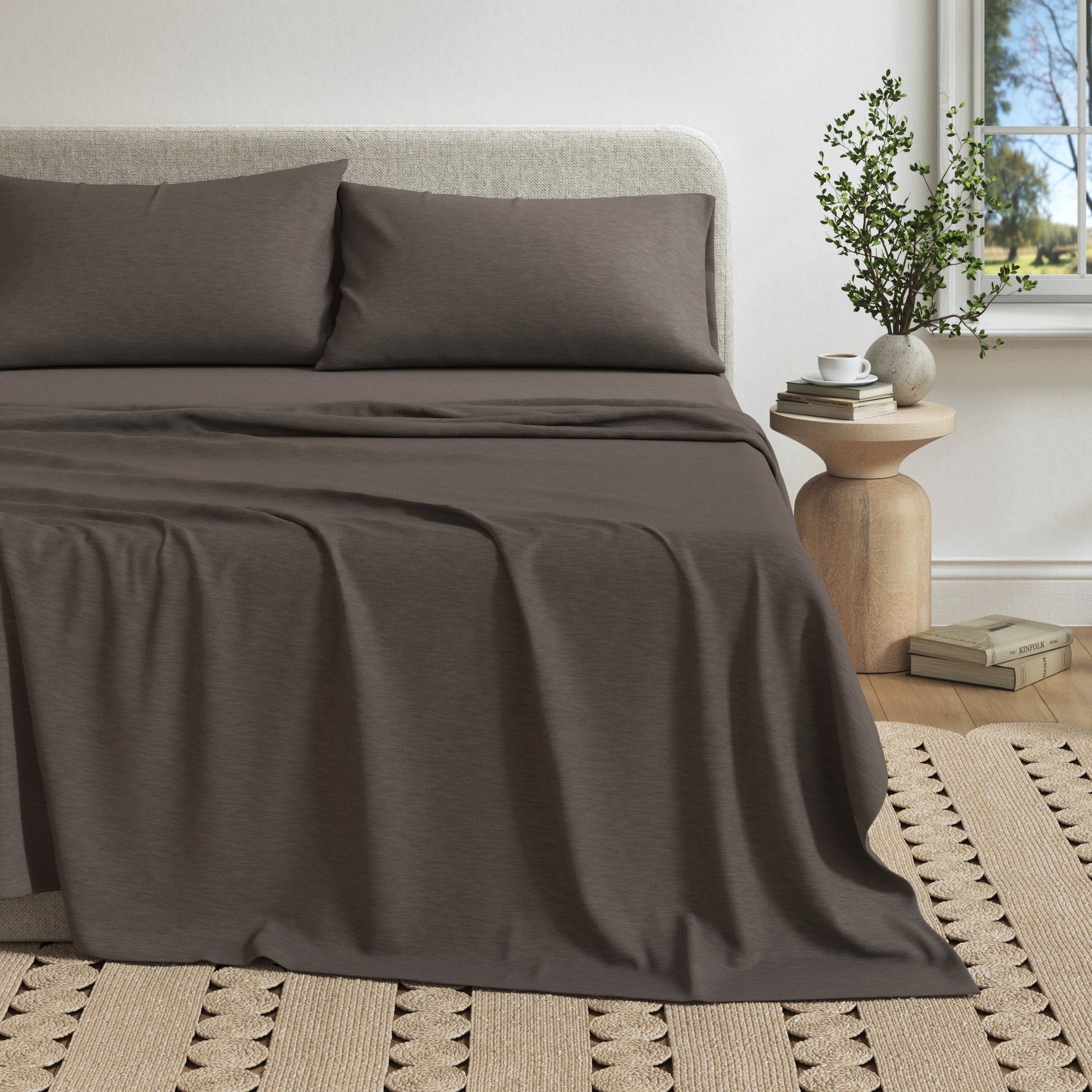 Soft jersey sheet from Great Bay Home Carmen Collection, showing smooth, comfortable fabric in a neutral color.