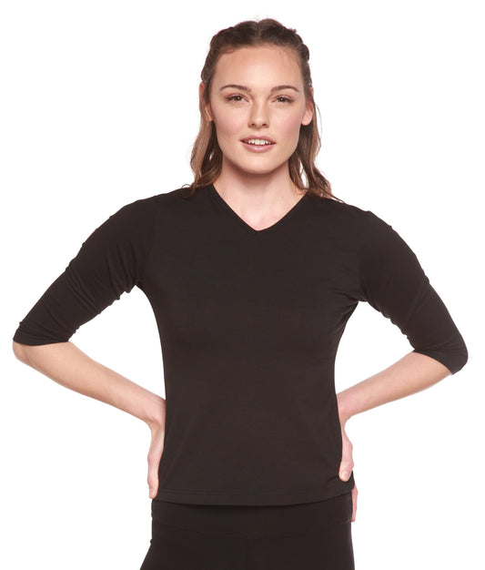 Women's bamboo viscose cotton V-neck T-shirt with 3/4 sleeves, lightweight and comfortable top from Spun Bamboo.