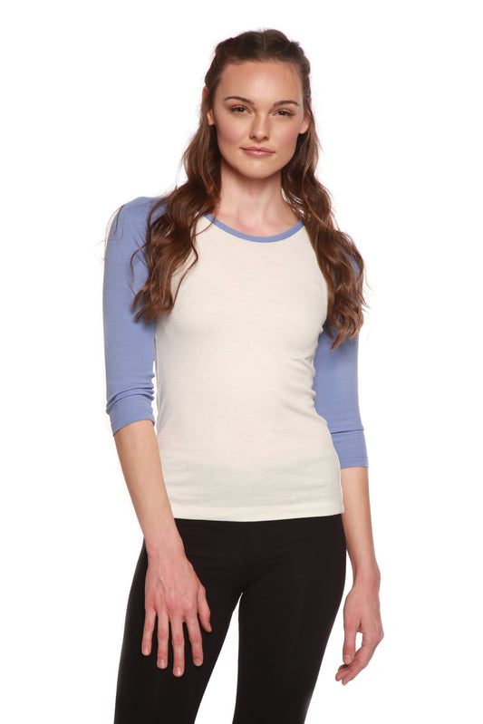 Women's bamboo viscose sorona 3/4 sleeve T-shirt by Spun Bamboo, shown in a relaxed fit with soft fabric and casual style.