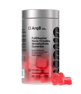 Collection of Arq8™ Creatine Monohydrate Gummies showing various gummy shapes and colors in a clear container.