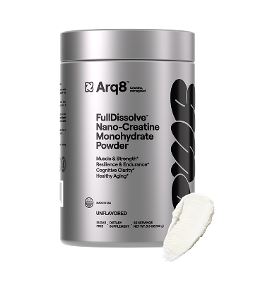 Arq8™ Creatine Monohydrate Powder in a collection image, showing the white powder supplement in a jar with a scoop.