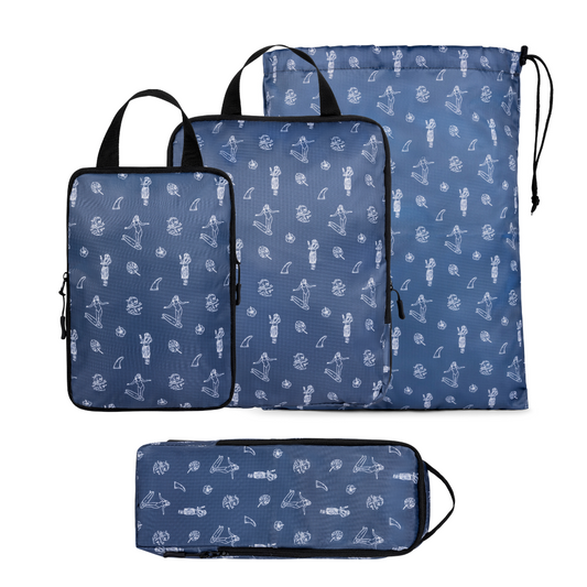 Set of four Hawaiian blue COR Surf compression packing cubes for travel organization and space-saving luggage storage.