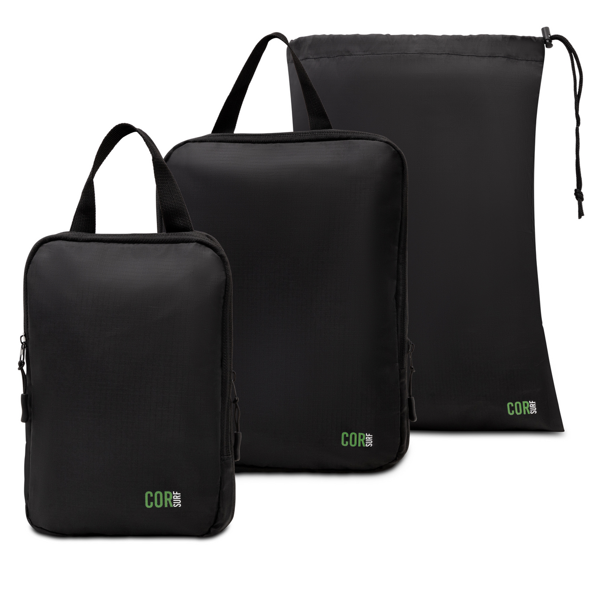COR Surf compression packing cube set for travel, with multiple cubes for organized carry-on luggage and laundry storage.
