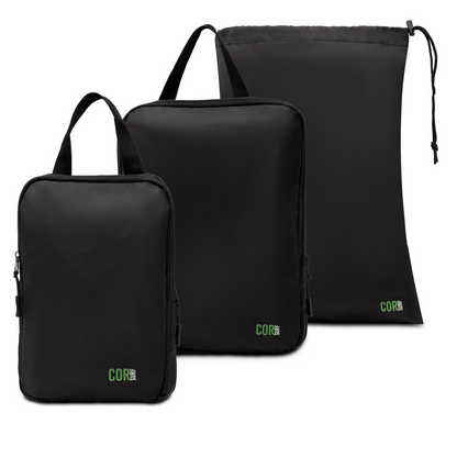 COR Surf compression packing cube set for travel, with multiple cubes for organized carry-on luggage and laundry storage.