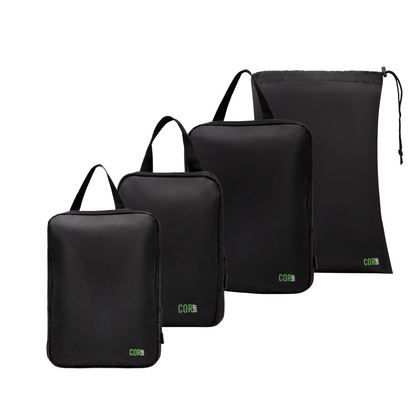 Set of four COR Surf compression packing cubes for travel organization and space-saving storage accessories