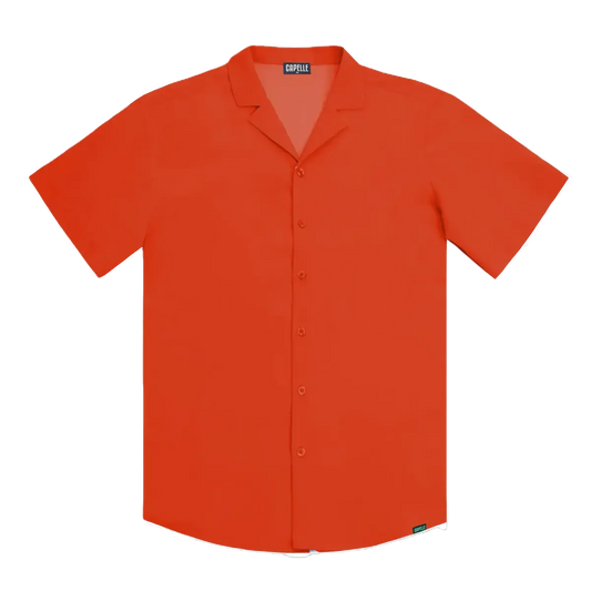 Men’s coral tailored fit button-down shirt from Capelle Miami, short sleeve, casual style, displayed on a hanger.