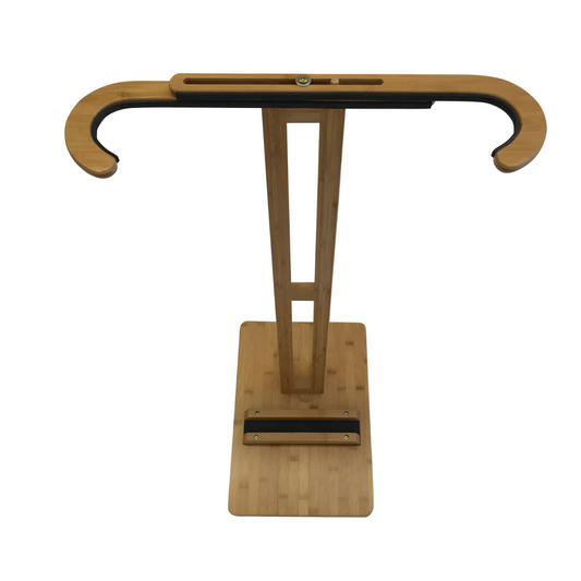 COR Surf bamboo surfboard display stand holding a longboard or shortboard, showcasing eco-friendly surf racks for boards.