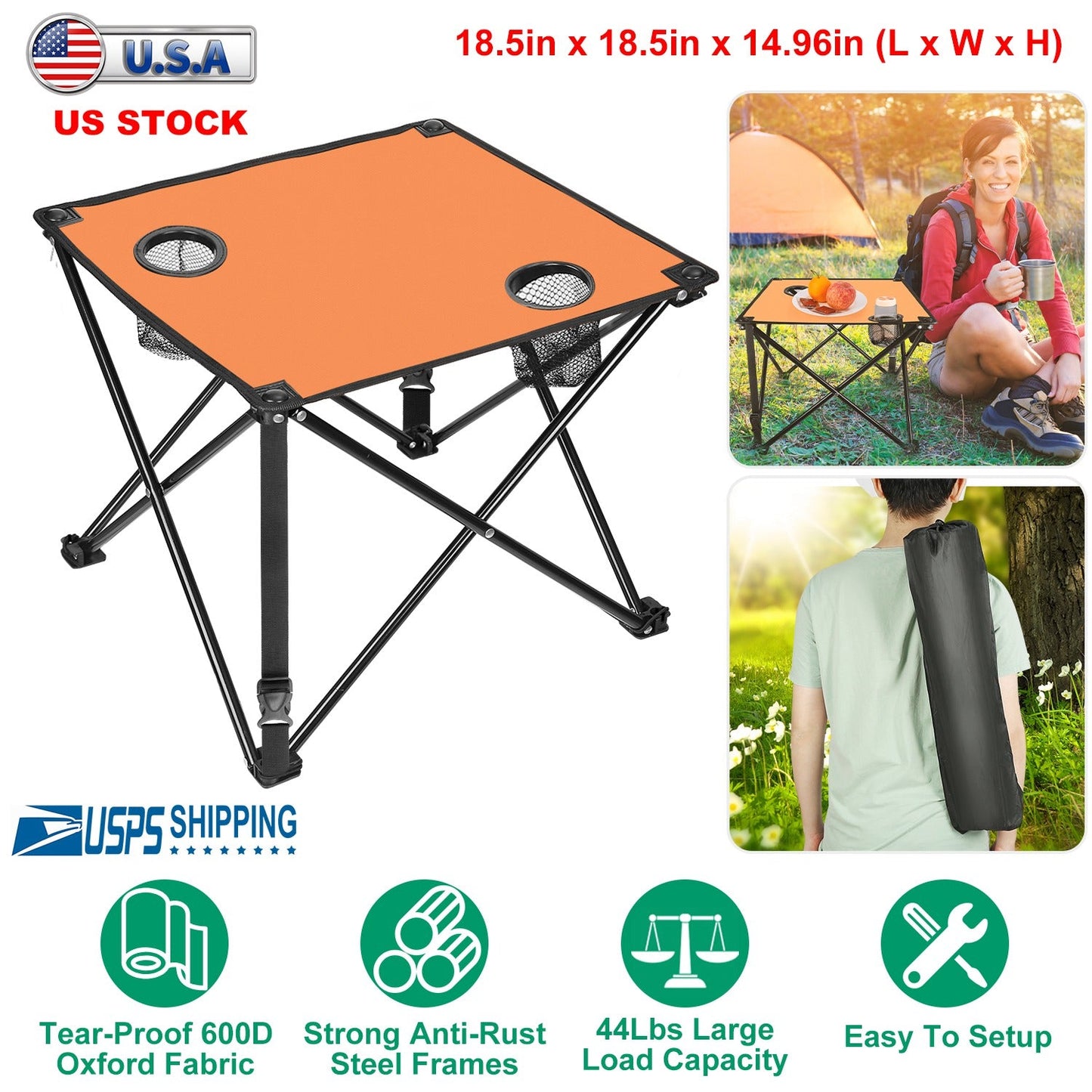 2Pcs Foldable Camping Table Portable Picnic Table Lightweight Travel Desk with 2 Cup Holders/Table Carrying Bag