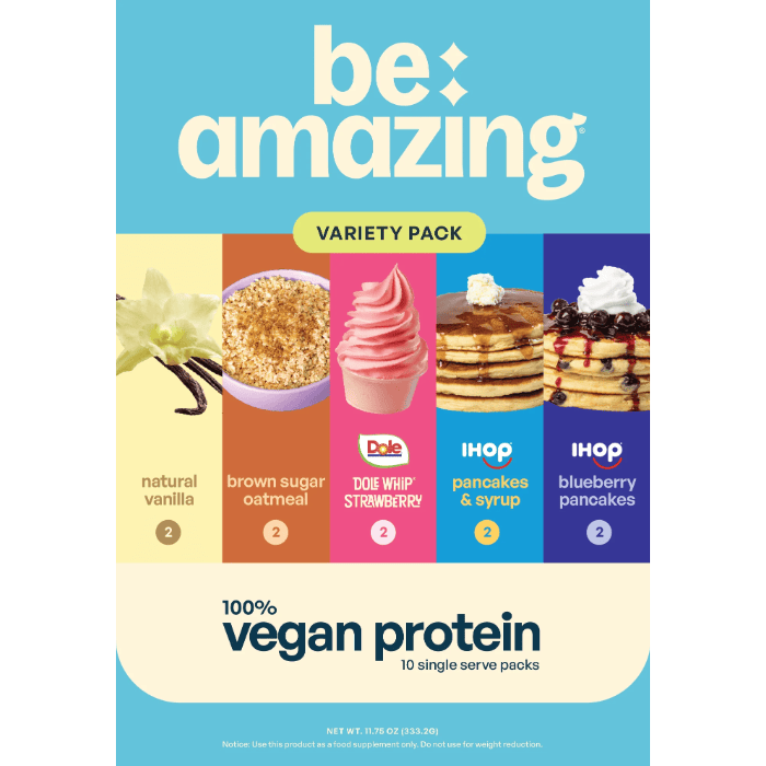 Be Amazing vegan protein powder in a container, showing the label and scoop with powder for plant-based dietary supplement.