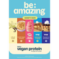 Be Amazing vegan protein powder in a container, showing the label and scoop with powder for plant-based dietary supplement.