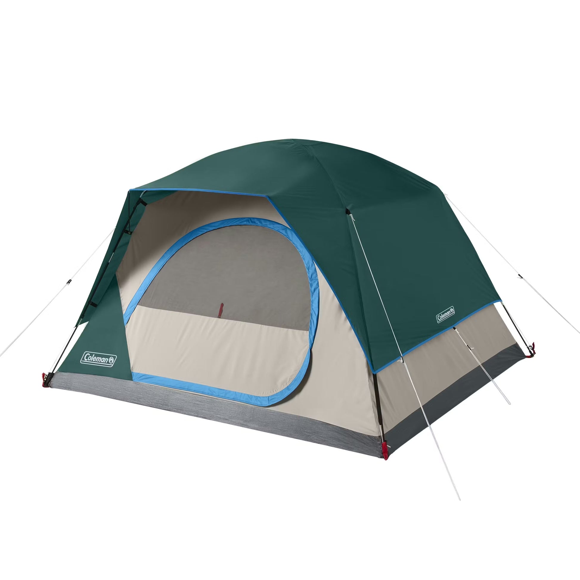 Coleman Skydome three-season tent set up outdoors, showcasing its spacious design and durable fabric for camping comfort.
