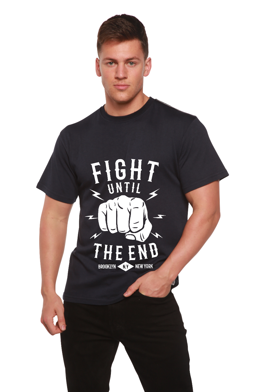 Men's Fight Until graphic T-shirt by Spun Bamboo, short sleeve design made from bamboo viscose and organic cotton, with bold print.