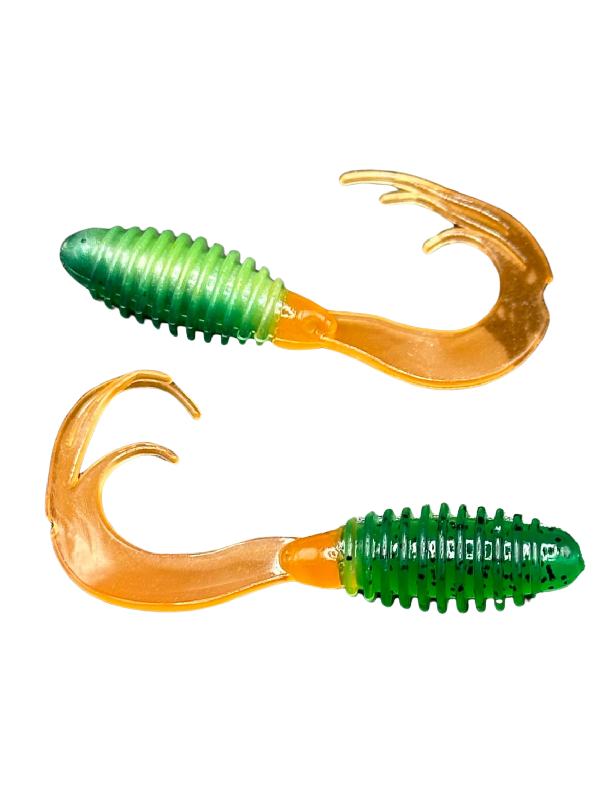 Firetiger 2-inch ATX Ribbed Triple Curl Tail soft plastic lure by ATX Lure Company, featuring ribbed body and triple curl design.