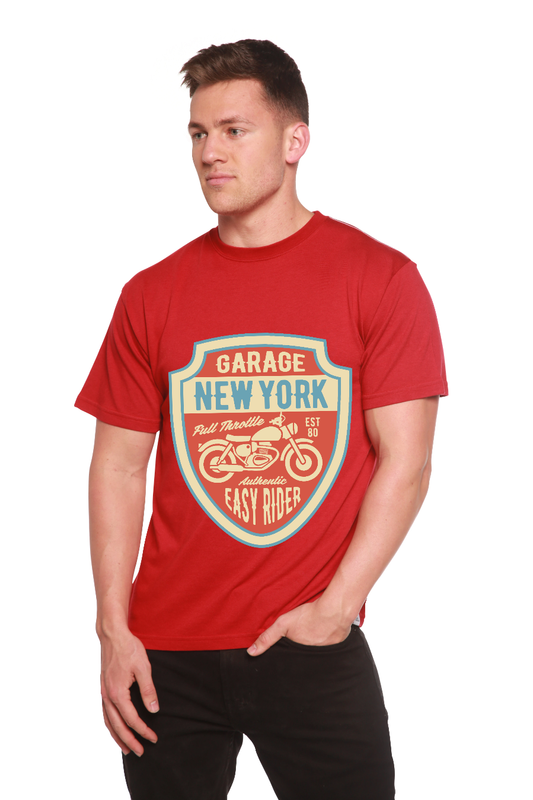 Garage New York men's graphic T-shirt made of bamboo viscose and organic cotton, featuring a short sleeve design by Spun Bamboo.