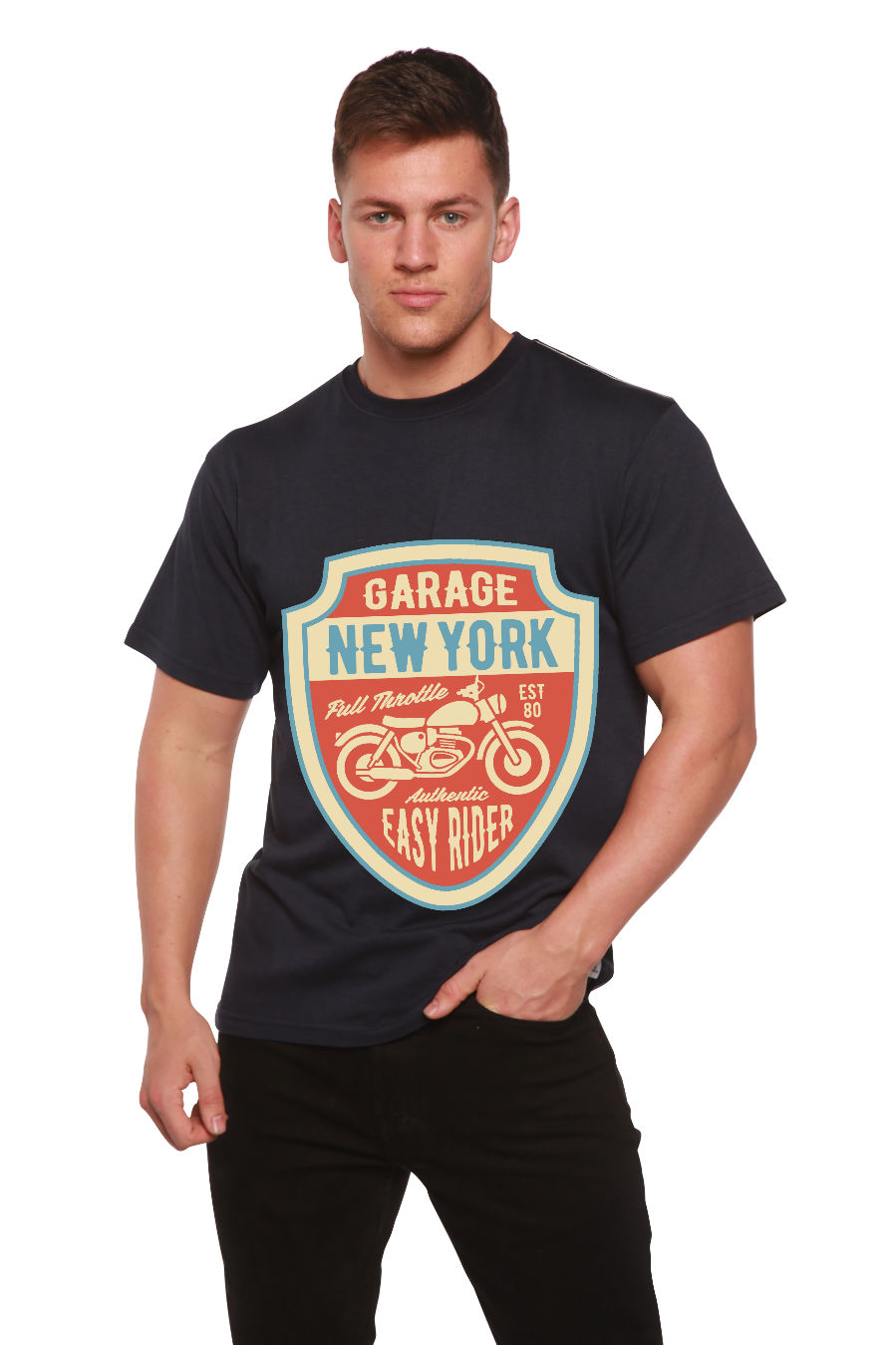 Garage New York men's graphic T-shirt made from bamboo viscose and organic cotton, short sleeve, Spun Bamboo brand.