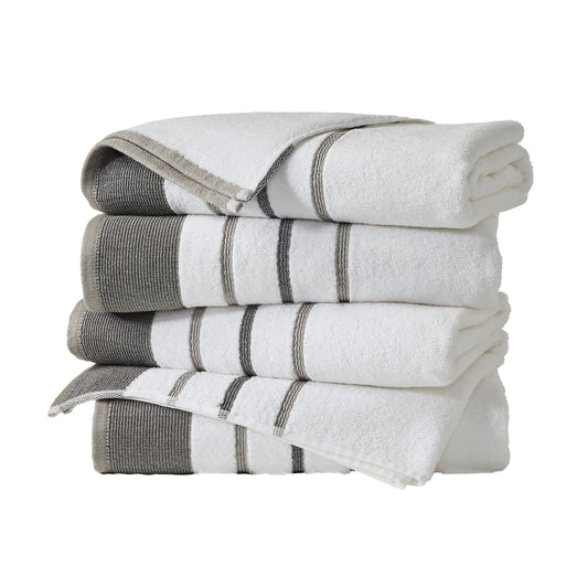 Decorative cotton stripe bath towel set from the Noelle Collection by Great Bay Home, featuring soft, absorbent white and gray striped towels.