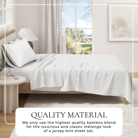 Soft bamboo and cotton blend jersey knit bed sheets from Great Bay Home, featuring a smooth, comfortable fabric for restful sleep.