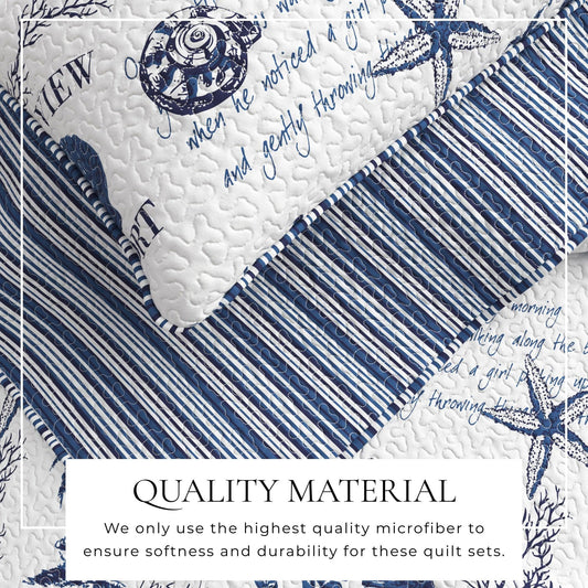 Three-piece Coastal Quilt from Great Bay Home's Catalina Collection, featuring coastal-inspired fabric and cozy comforter design.