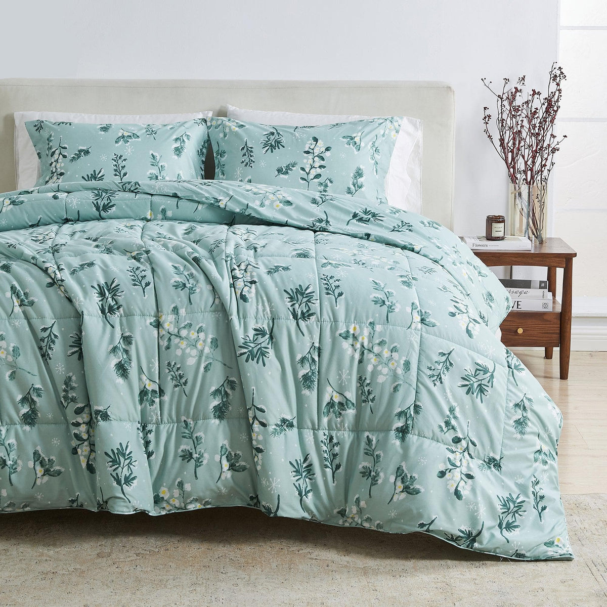 Reversible Christmas comforter and sham set by Great Bay Home from Odette Collection, festive holiday lodge quilt set.