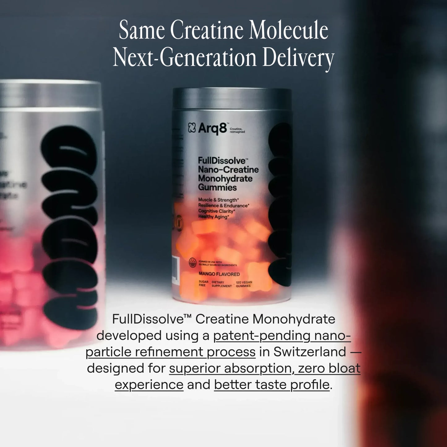 Arq8™ Creatine Monohydrate Gummies in a white bottle, showing colorful gummy supplements on a white background.
