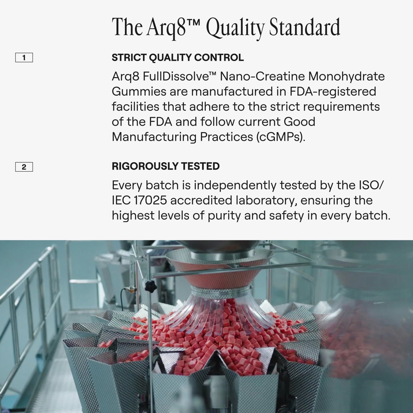 Arq8 Creatine Monohydrate Gummies in a clear container, showing colorful, fruit-flavored dietary supplement gummies for muscle support.