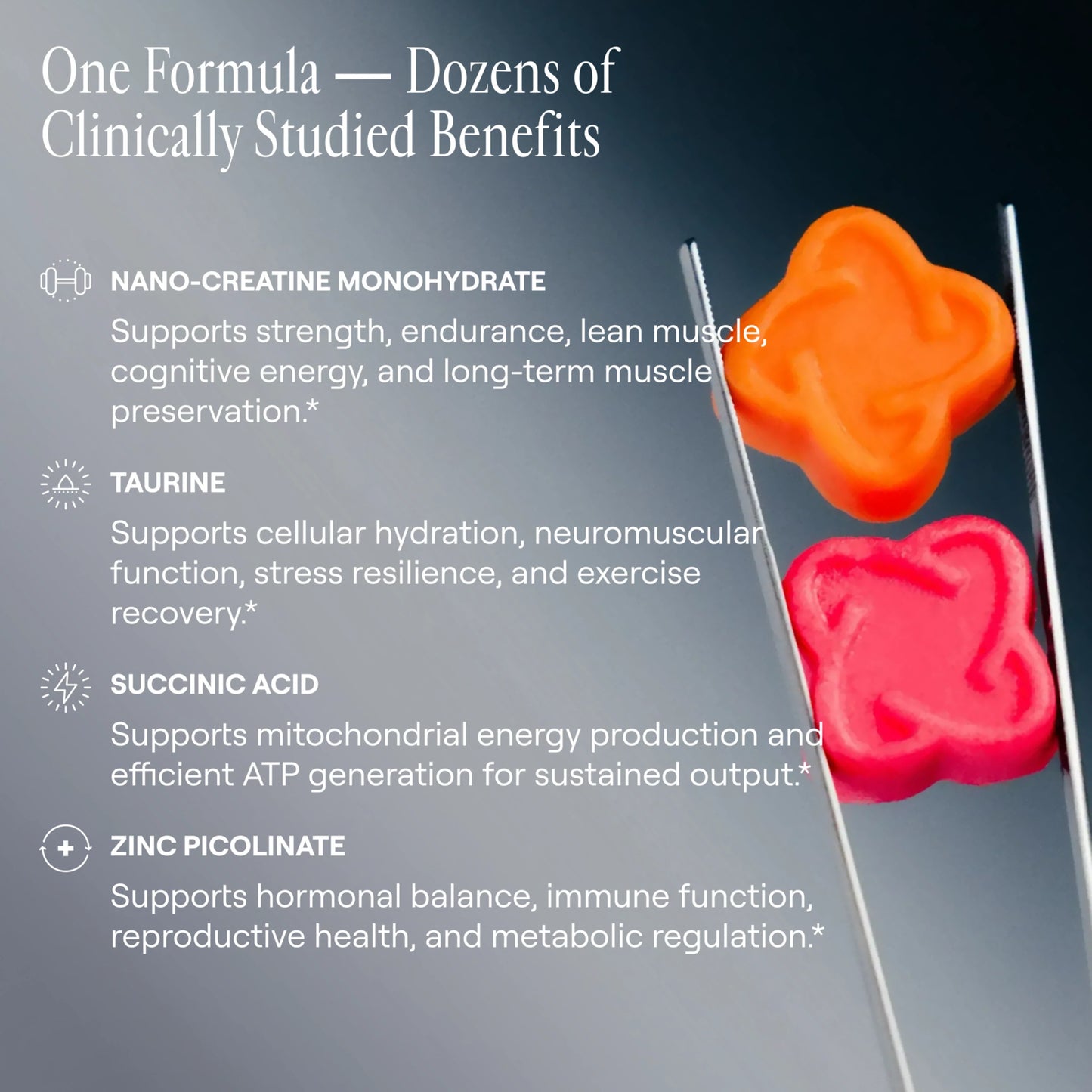 Arq8 Creatine Monohydrate Gummies in a clear container, showing colorful, chewable supplement gummies for muscle support and energy.