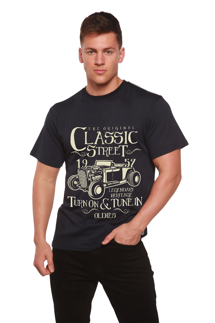 Hot Rod Classic men's graphic T-shirt made from bamboo viscose and organic cotton, featuring a retro hot rod print.