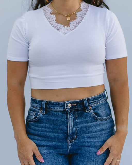 Lace trimmed V-neck Halftee by HALFTEE Layering Fashions, close-up of the neckline and delicate lace detail.