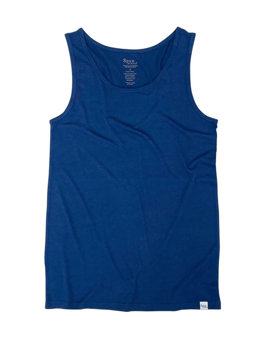 Men's Spun Bamboo tank top in true navy and white boxer-style underwear made from bamboo viscose and organic cotton, displayed on a plain background.