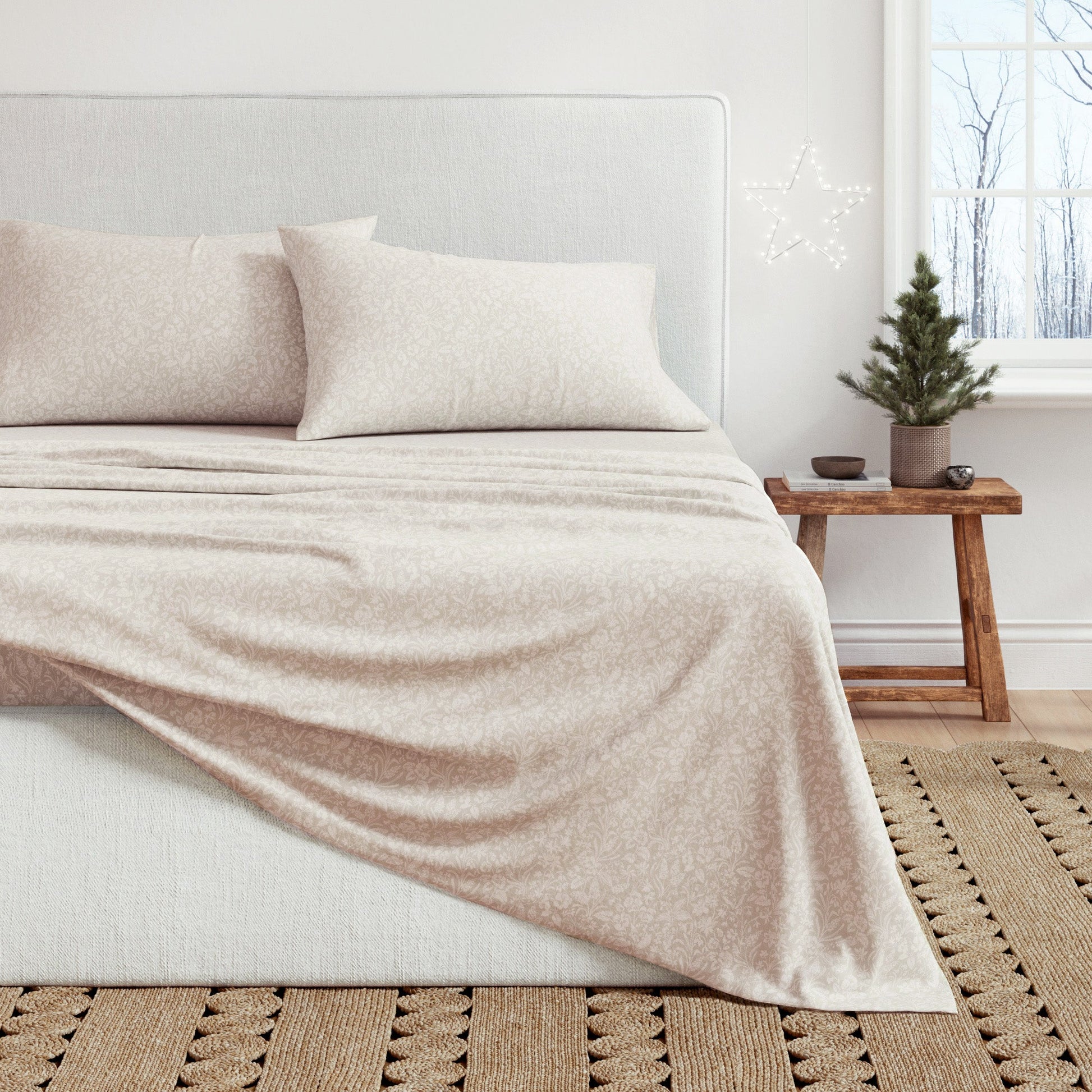 Turkish cotton flannel bed sheet set from Great Bay Home with winter floral pattern, soft and cozy for winter bedding.