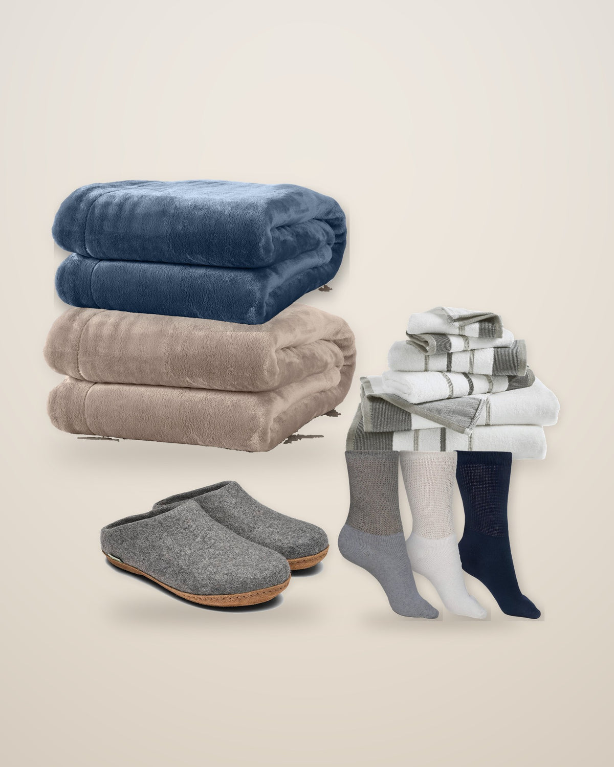 Plush blankets, striped towels, wool slides and crew socks