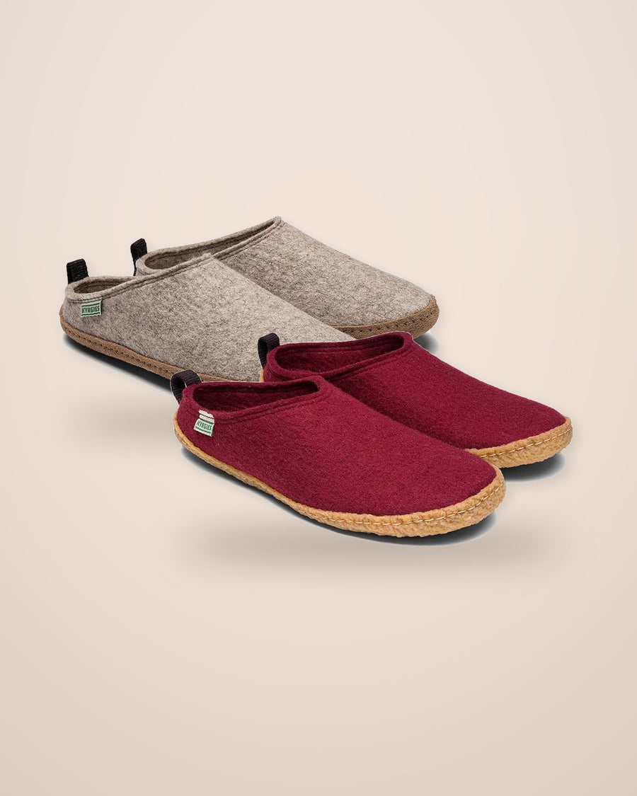 Kyrgies wool slides in natural and burgundy