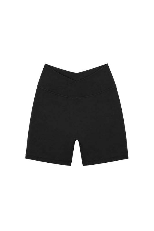 Black Luna 5-inch organic cotton bike shorts by Lezat, designed for comfort and casual riding, shown on a model.