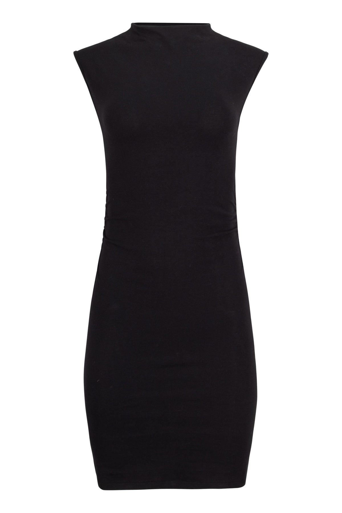 Lezat Kara cotton mock neck ruched mini dress displayed on a hanger, showcasing its fitted silhouette and textured fabric.
