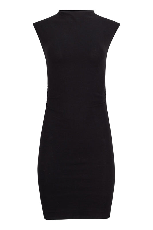 Lezat Kara cotton mock neck ruched mini dress displayed on a hanger, showcasing its fitted silhouette and textured fabric.