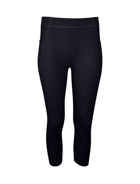 Lezat Mae organic cotton high-waisted Capri legging shown in black, with a close-up of soft, stretchy fabric and high-rise waist.