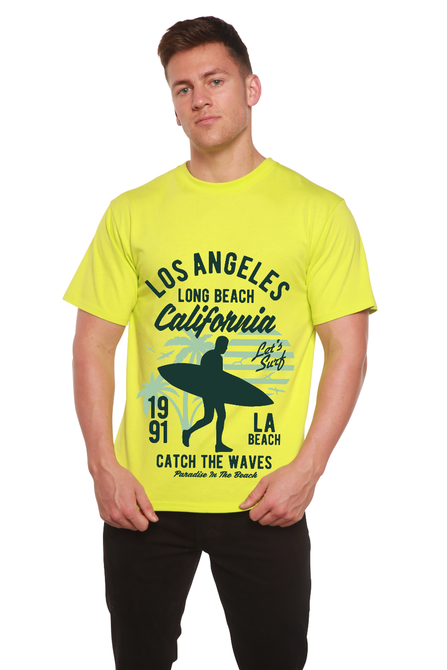 Men's graphic T-shirt by Spun Bamboo featuring Los Angeles cityscape print in bamboo viscose and organic cotton fabric.