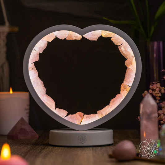 Rose quartz heart night light by Conscious Items, Love Magnet, featuring a glowing heart-shaped lamp for a calming ambiance.